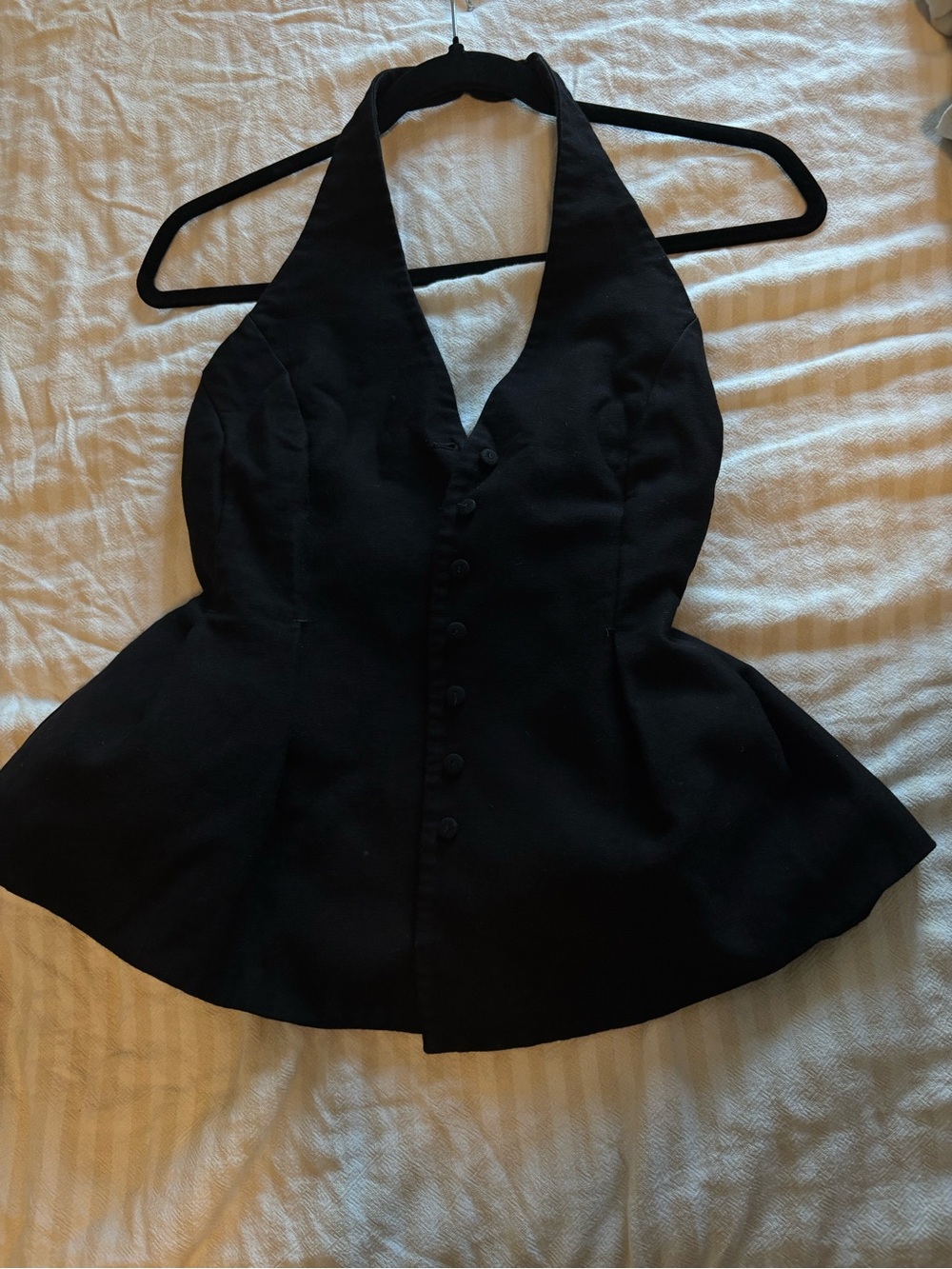 Black Halter Peplum Button-Front Top